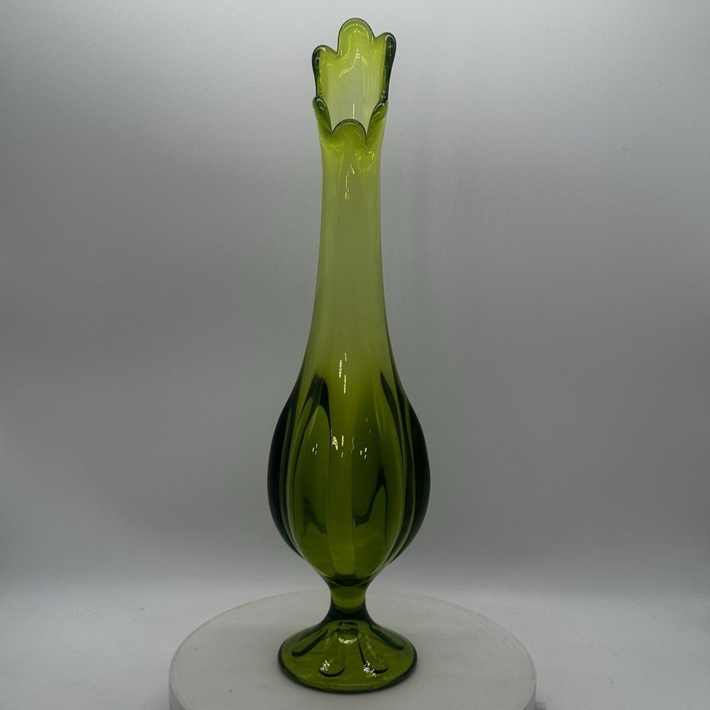 Viking Glass 6 Petal Footed Swung Vase Avocado Green 13.5" Tall Vtg Video